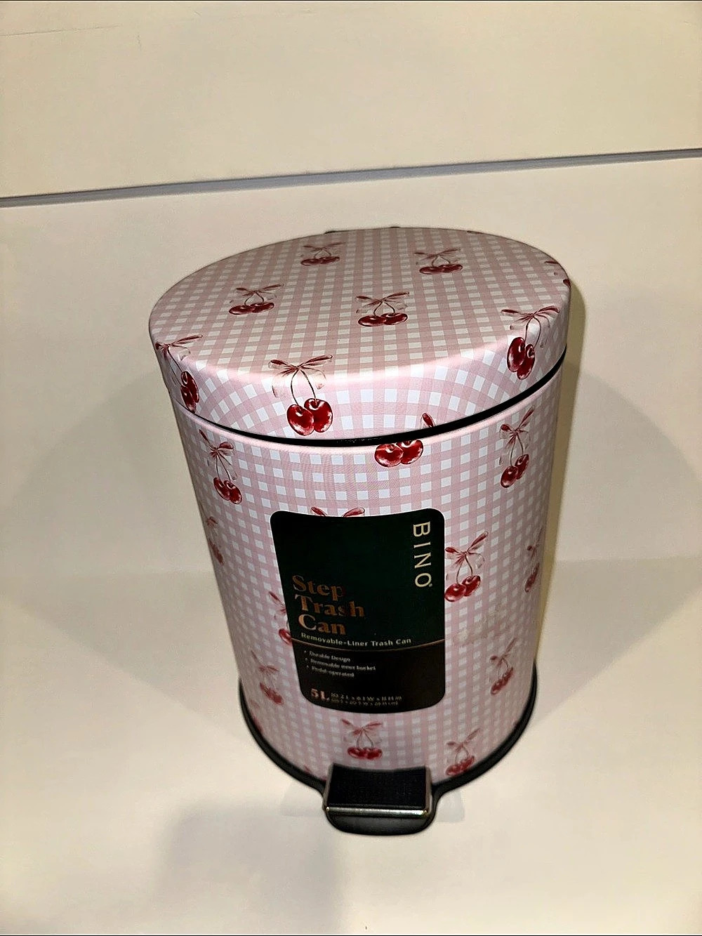 BINO Cherry Gingham Step Trash Can 5L Pink